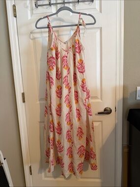 Old Navy Cream Maxi Dress with Pink & Yellow Leaf Print